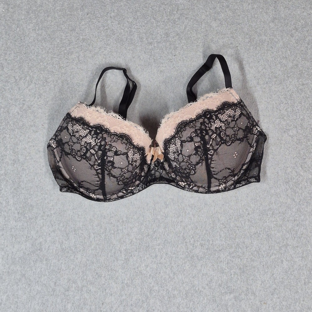 Adore Me Women Bra 36DD Black Balconette Underwired Lace Bow Strap